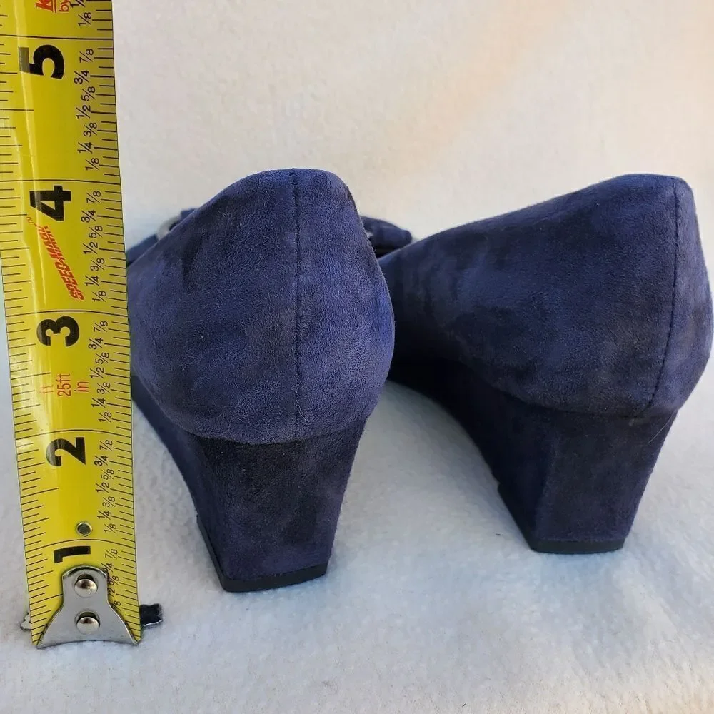 Vaneli blue suede wedges with attached ribbon buckle